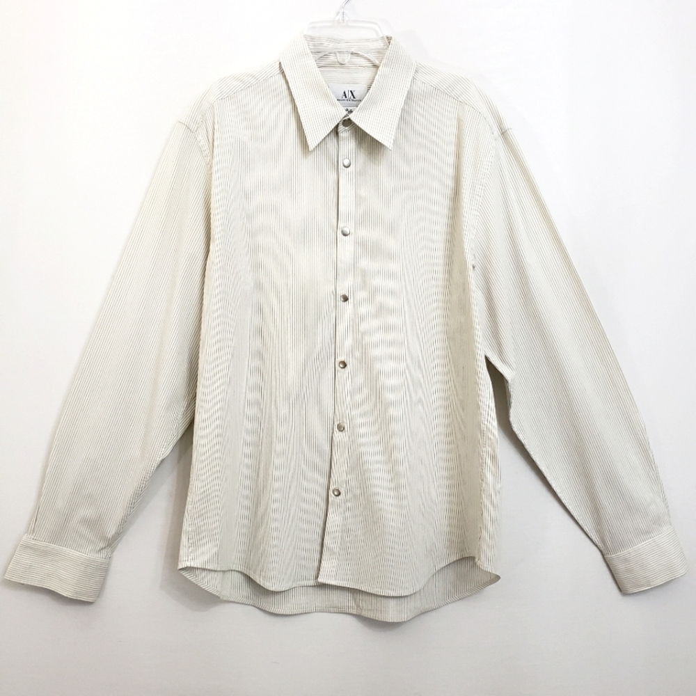 Armani Exchange Creme Textured Pinstripe Longsleeve Button down Shirt - Picture 3 of 15